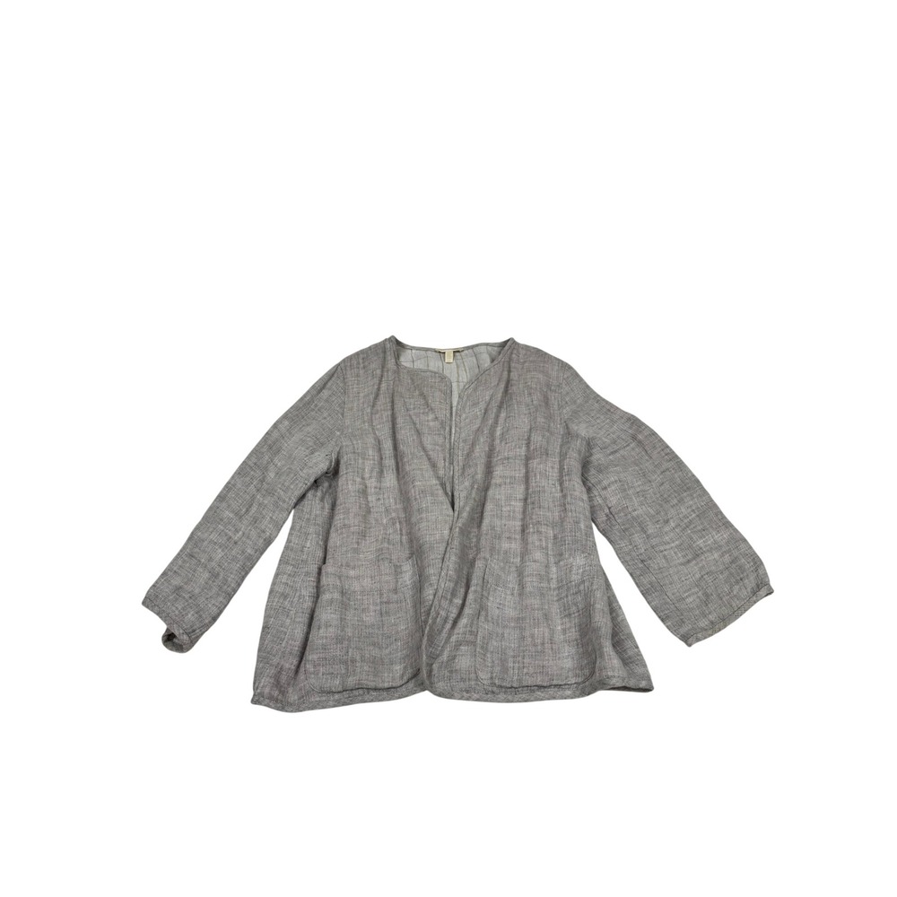 Eileen Fisher Grey Linen Blend Open Front Cardigan Jacket Small Pockets - Picture 2 of 10